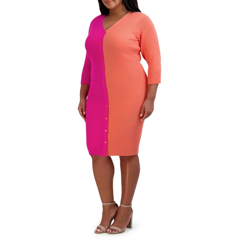 BCBG Paris Women s Panelled V Neck Rib Knit Colorblock Button Down Bodycon Midi Sweater Dress with Elbow Sleeves Sizes XS XXL Walmart