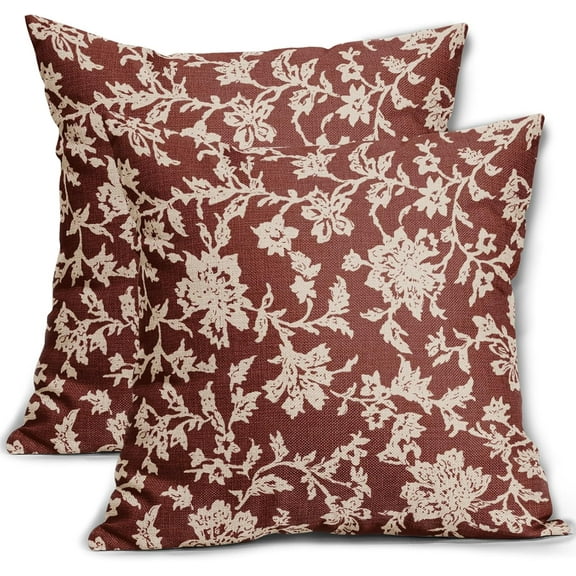 Rustic Red Floral Pillow Covers 18x18 Set of 2 Brown Cream Vintage Flower Block Print Pattern Decorative Throw Pillowcases Outdoor Rustic Farmhouse Square Cushion Cases Decor for Home Couch Sofa Bed