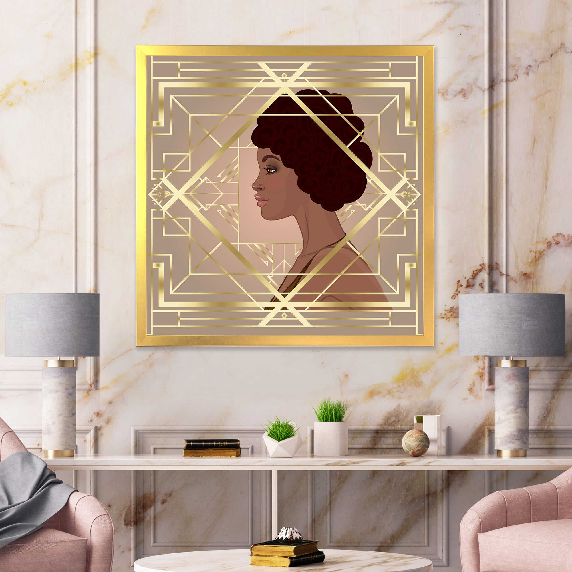 Designart 'Retro Girl In Golden Art Deco Geometrics II' Modern Framed Art Print
