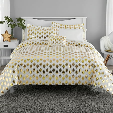 Comforter Set Queen Size Metallic Gold Ikat Dot White 8-Piece Bedding ...