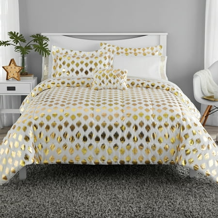 Comforter Set Queen Size Metallic Gold Ikat Dot White 8 Piece