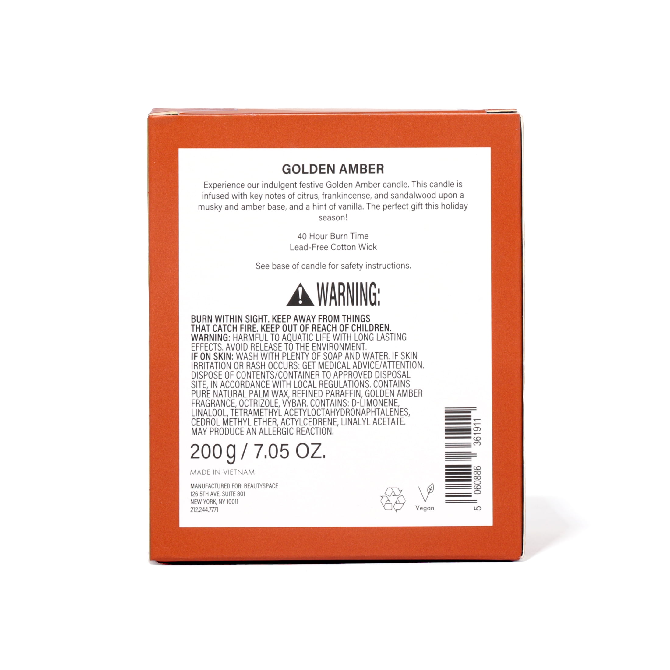 BEAUTYSPACE Golden Amber Holiday Candle Gift, 200g