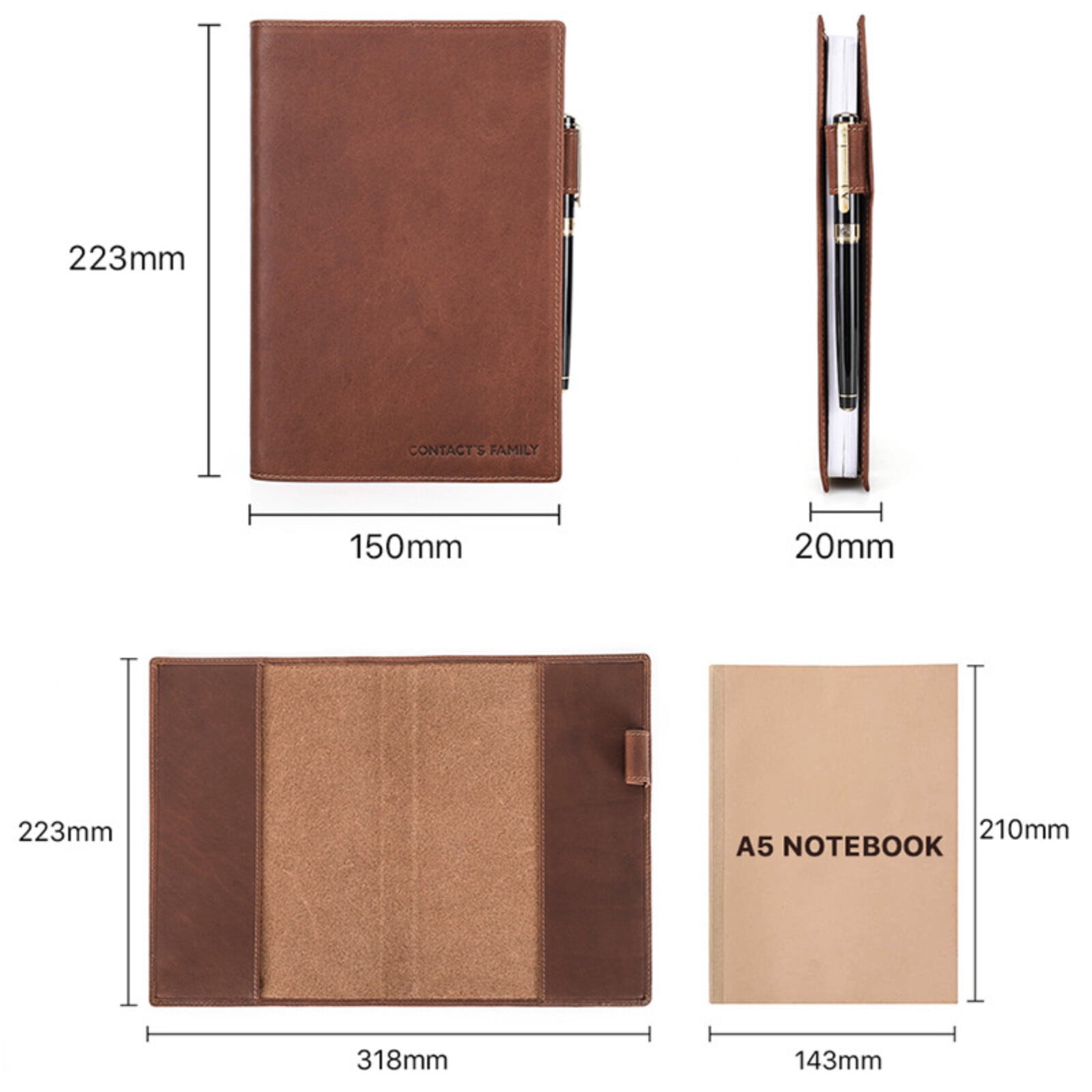 A5 Leather Notebook Cover with Pen Holder â Crazy Horse Vintage Cowhide Journal Case, Durable Handcrafted Refillable Sleeve for Travel, Office, Students & Writers