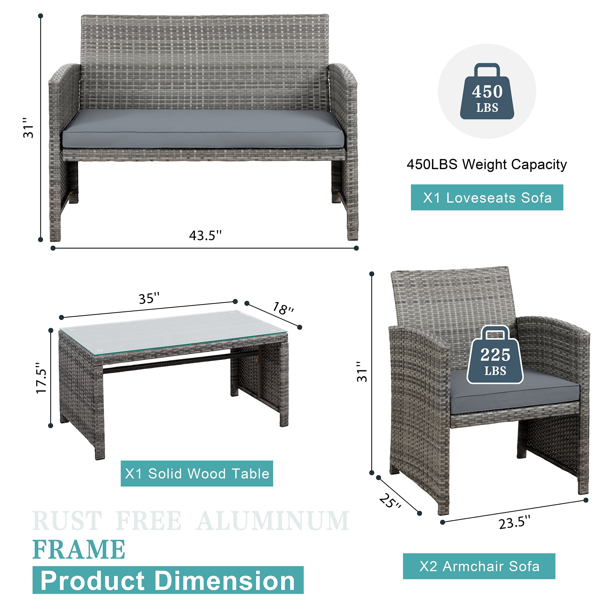 Walsunny Outdoor Patio Rattan Wicker Furniture Conversation Set 4 Piece with Cushions Tempered Glass Tabletop,Gray