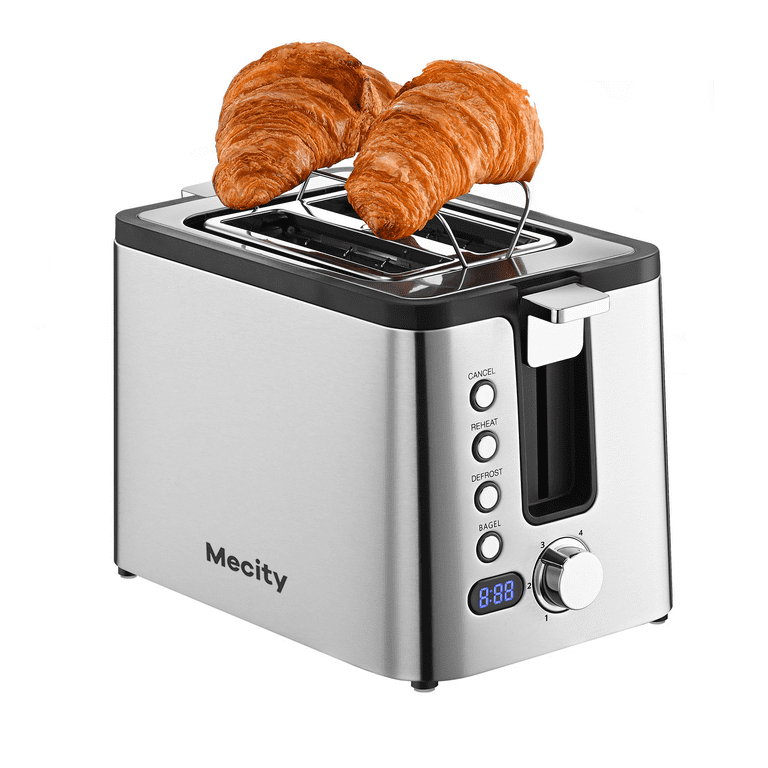Mecity Toaster 2 Slice Stainless Steel Toaster Countdown Timer, Bagel/Defrost/Reheat/Cancel Functions,Warming Rack, Removable Tray, 6 Browning