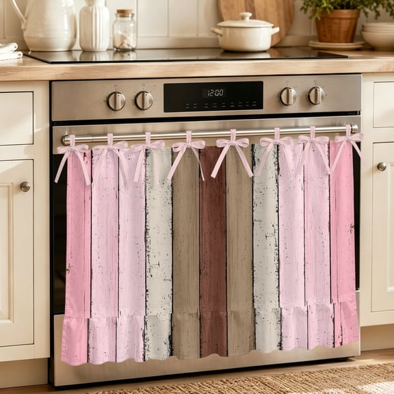 Oven Skirt Curtain for Kitchen 21.5x30 Inch, Pink Wood Grain Oven Curtain with 8 Ribbon Ties & Ruffle Trim, Stove Skirt Curtain Dishwasher for Cabinets Sinks Brown Vintage Mottled Country Stripes