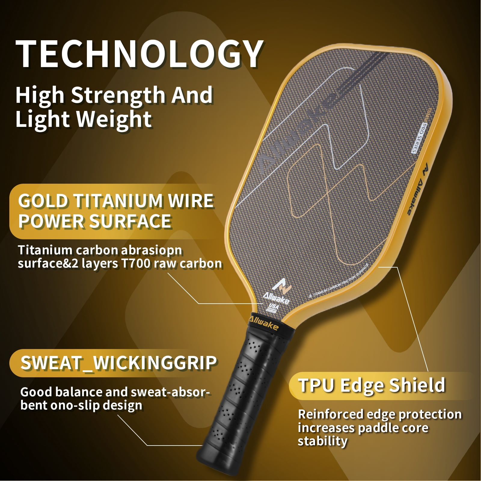 ALLWAKE Pickleball Paddles, 3K Titanium Hybrid Carbon Fiber Pickleball Paddles Set, USAPA Approved Elite Control & Power Pickleball Paddle with 16mm Honeycomb Core, Ergo Sweatproof Grip