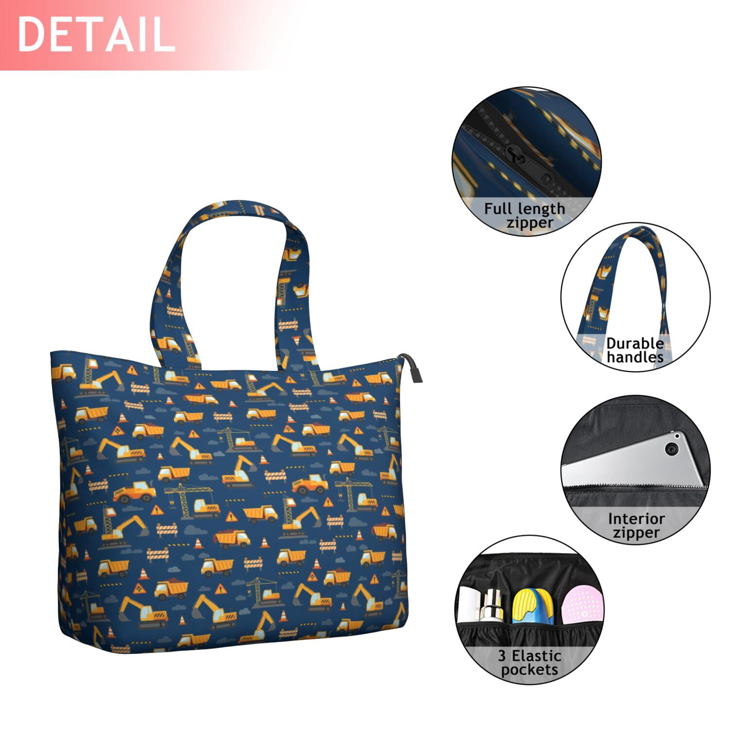 Cartoon Construction Vehicles Barriers Travel Tote Bags for Women Carry On,Large Weekender Bags for Women Travel,Multi Functional Duffle Bag for Work,Shopping,Sports