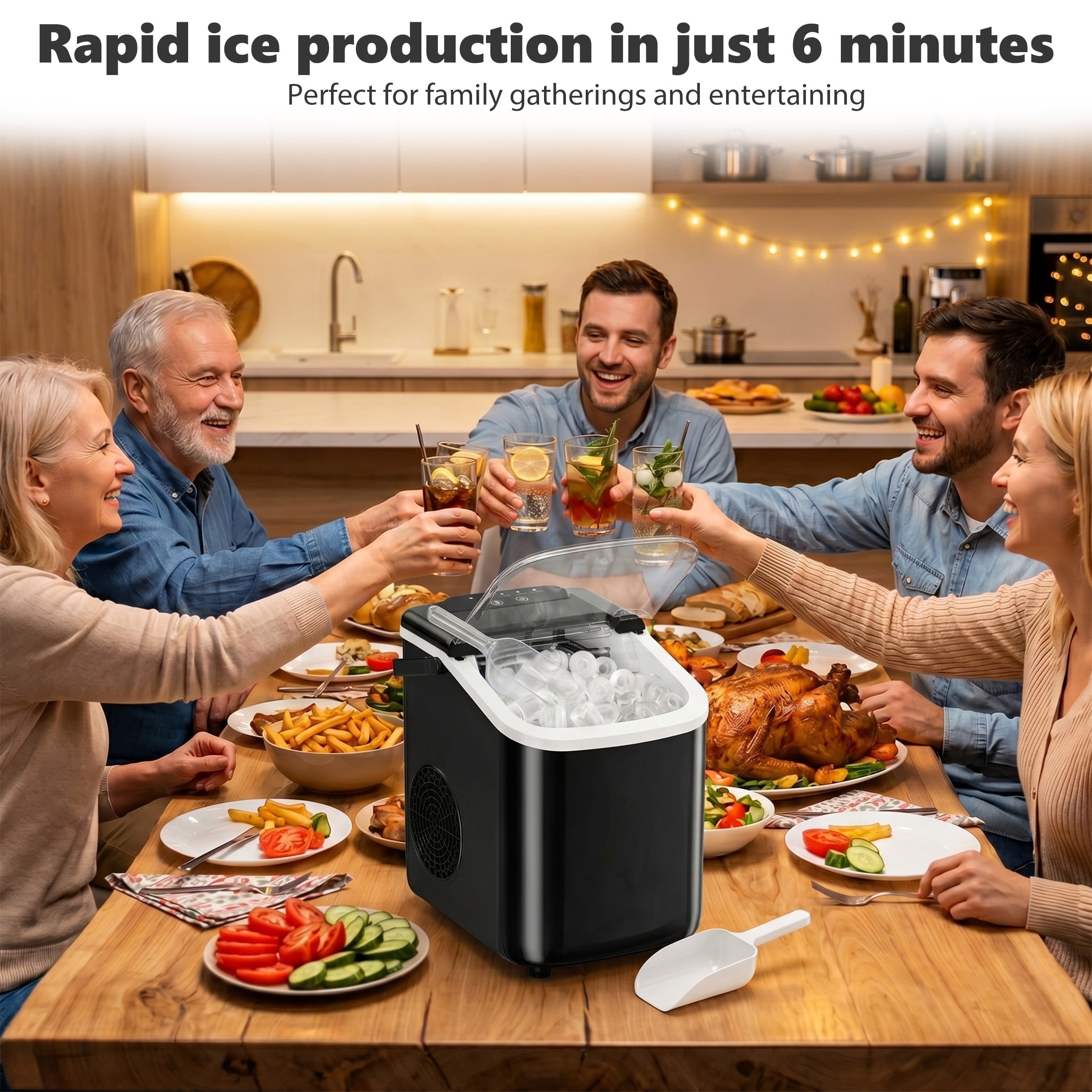 edx Ice Maker, Self-Cleaning Countertop Ice Maker, with Handle & Ice Scoop, 9 Bullet Cubes in 6~8 Mins, 26lbs Daily, Black