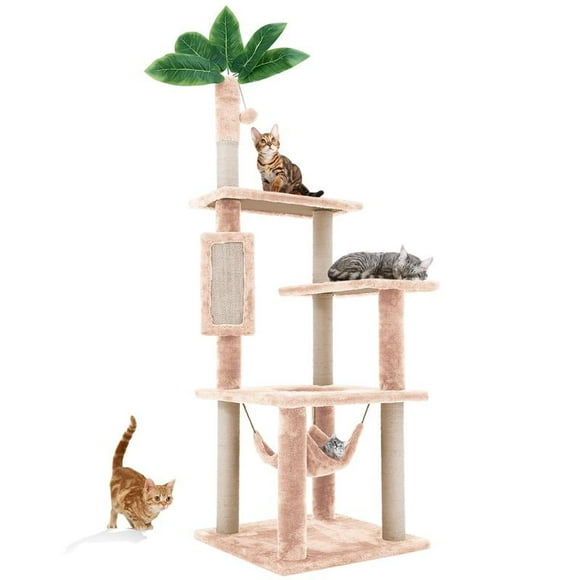55" Cat Tree / Tower for Indoor Cats with Green Leaves, Cat Condo Cozy Plush Cat House with Hang Ball and Leaf Shape Design, Cat Furniture Pet House with Cat Scratching Posts