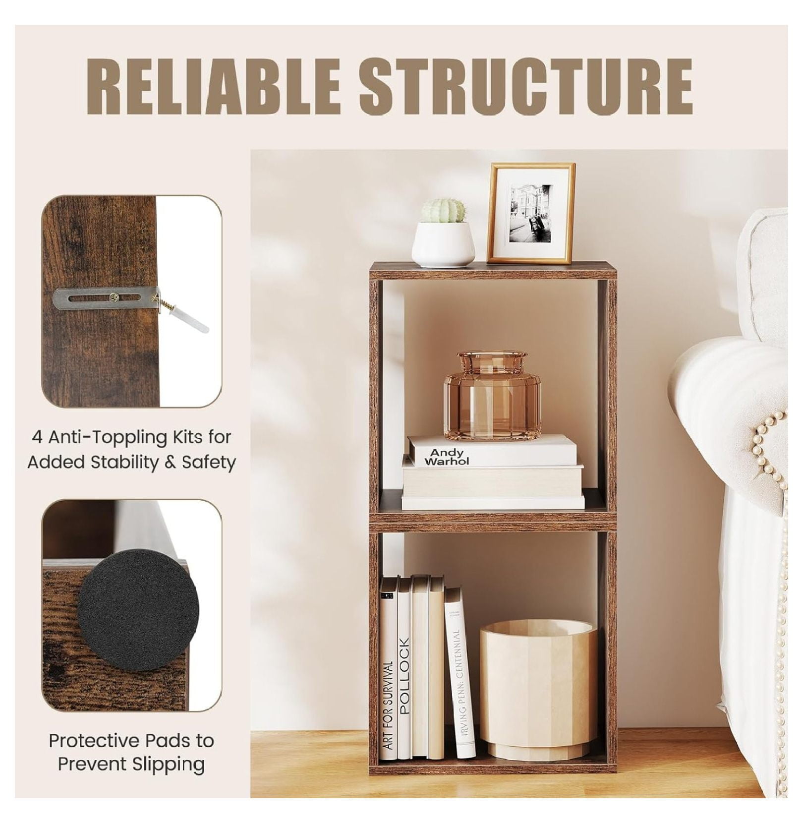 2 Stackable Cubes Bookcase, Wooden Cubby Storage Organizer with Anti-Tipping Device, Small Book Shelf for Small Space, Combination Square Bookshelf Cubes (1, Rustic Brown)