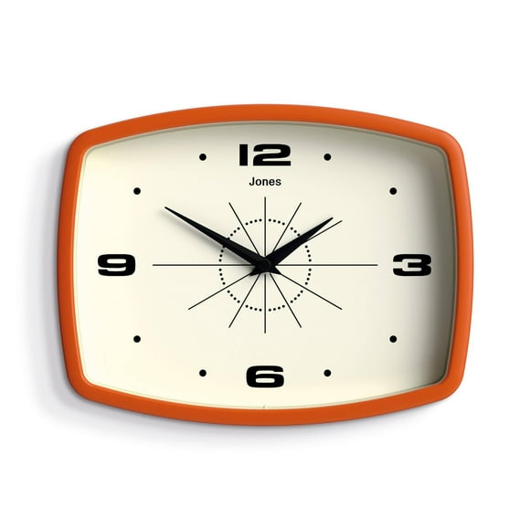 Reloj de pared JONES CLOCKS® Movie Retro 25,5 x 19,5 cm, color naranja