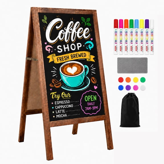KAIWIN 40"x20" A Frame Chalkboard Sign,Double-Sided Magnetic Blackboard with Solid Wood Frame for Cafe,Restaurant and Wedding Display,Brown