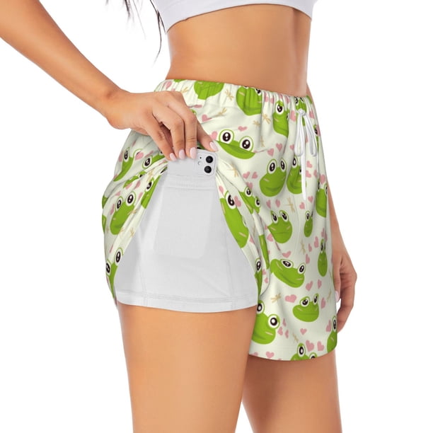 Balery Green Frog Pantalones cortos deportivos para mujer con forro y dos bolsillos, elásticos, para entrenamiento, gimnasio, yoga-X-Large