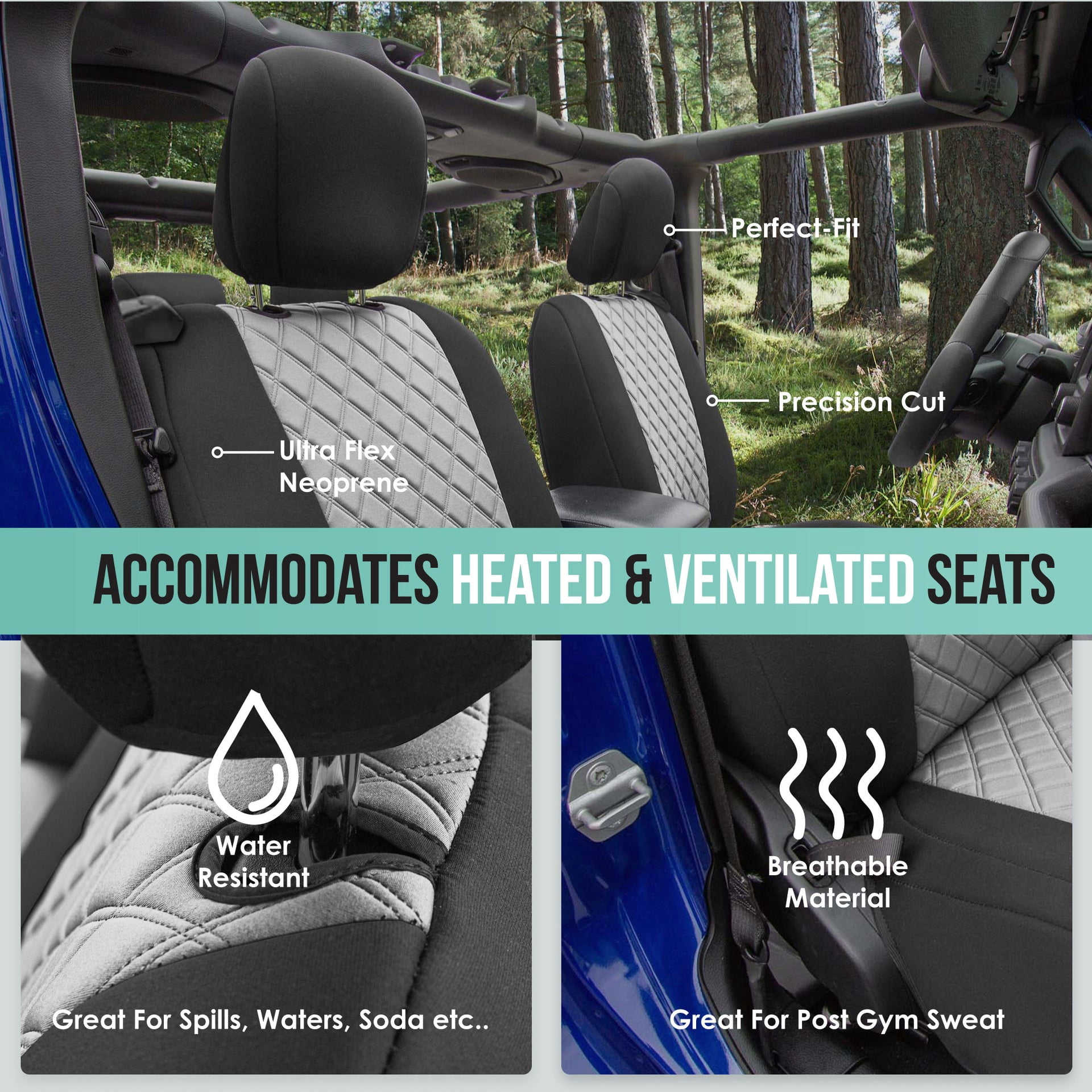 For Jeep Wrangler JL 2DR 2018-2023 FH Group Neoprene Custom Fit Car Seat Covers Rear Set - Gray