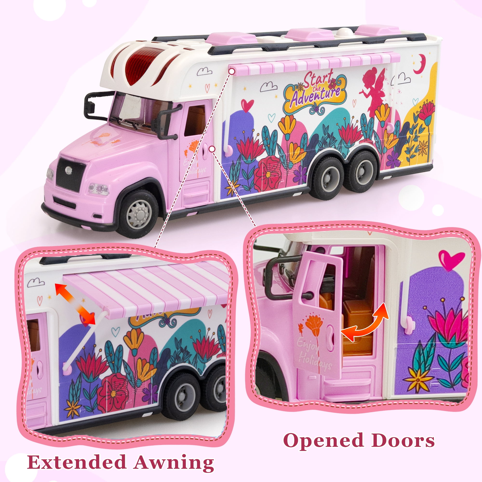 SaveJoy Remote Control Cars, 1:18 RC Car Recreational Vehicle, Toys Campervan RC Motorhome for Kids Boys Girls, with Playset, Pink