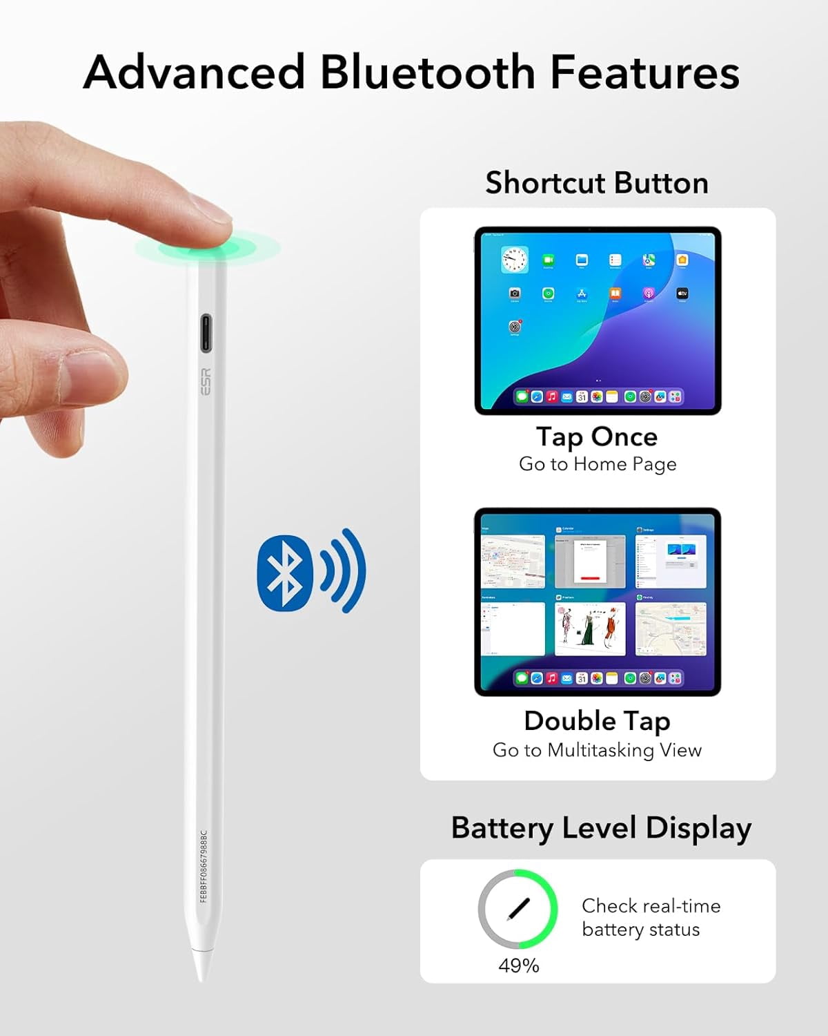 ESR Geo Digital Pencil Compatible with Apple iPad 2018-2026 (A16/10/9/8, Air 13/11, Pro 12.9/13/11, Mini 7/6/5), Find My & Easy Shortcuts, White (No Wireless Charging)