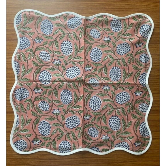 New Era Creation Salmon Pink & Green, Blue Indian Hand Block Floral Printed Cotton Cloth Napkins, Wedding Event Home Picnic Party,Tea Dinner