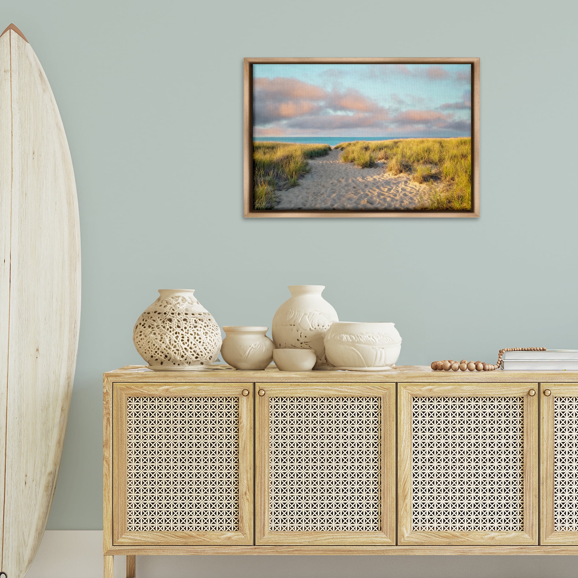 Stupell Industries Beachy Footprints Path Landscape & Nature Photography Brown Floater Framed Canvas Art Print Wall Art, 31 x 21