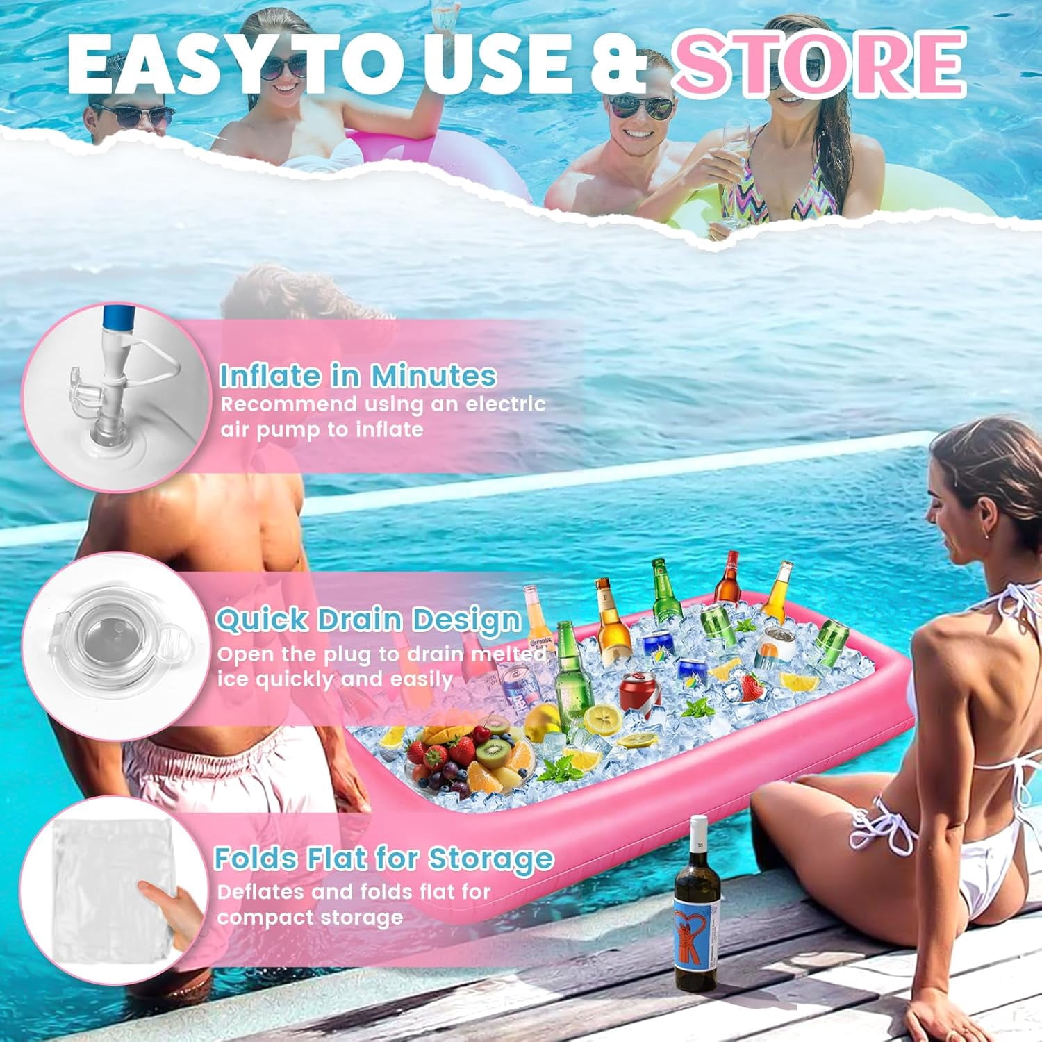 Large Inflatable Ice Serving Bar for Food, Drinks, Salad, Floating Buffet Cooler Tray with Drain Plug for Pool Party, BBQ, Picnic, Camping, Beach, and Outdoor Supplies Rose Pink