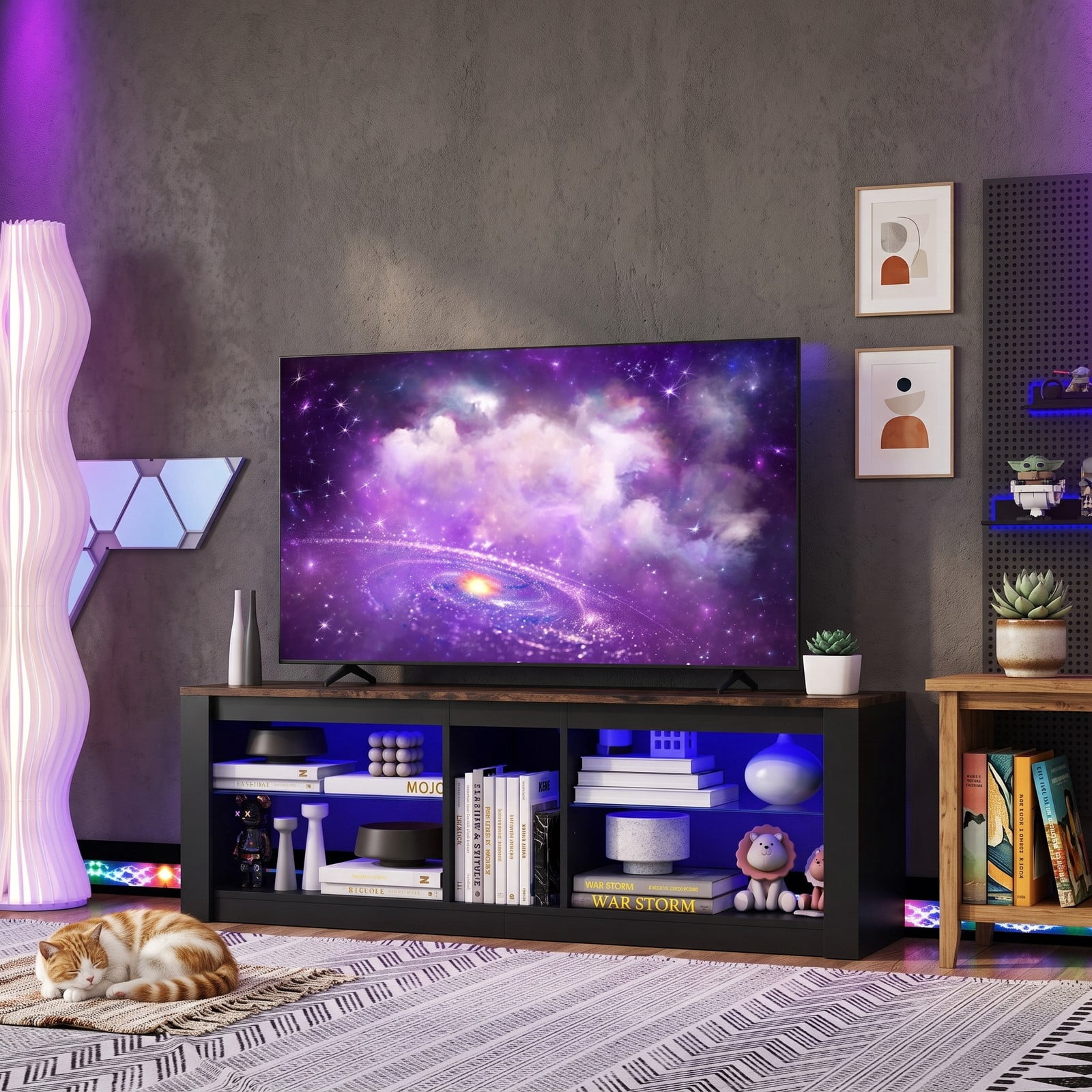 Furnibear Modern LED TV Stand for TVs up to 65 inch, Wood Entertainment Center with Adjustable Tempered Glass Shelves, Cable Management and Open Storage, Brown
