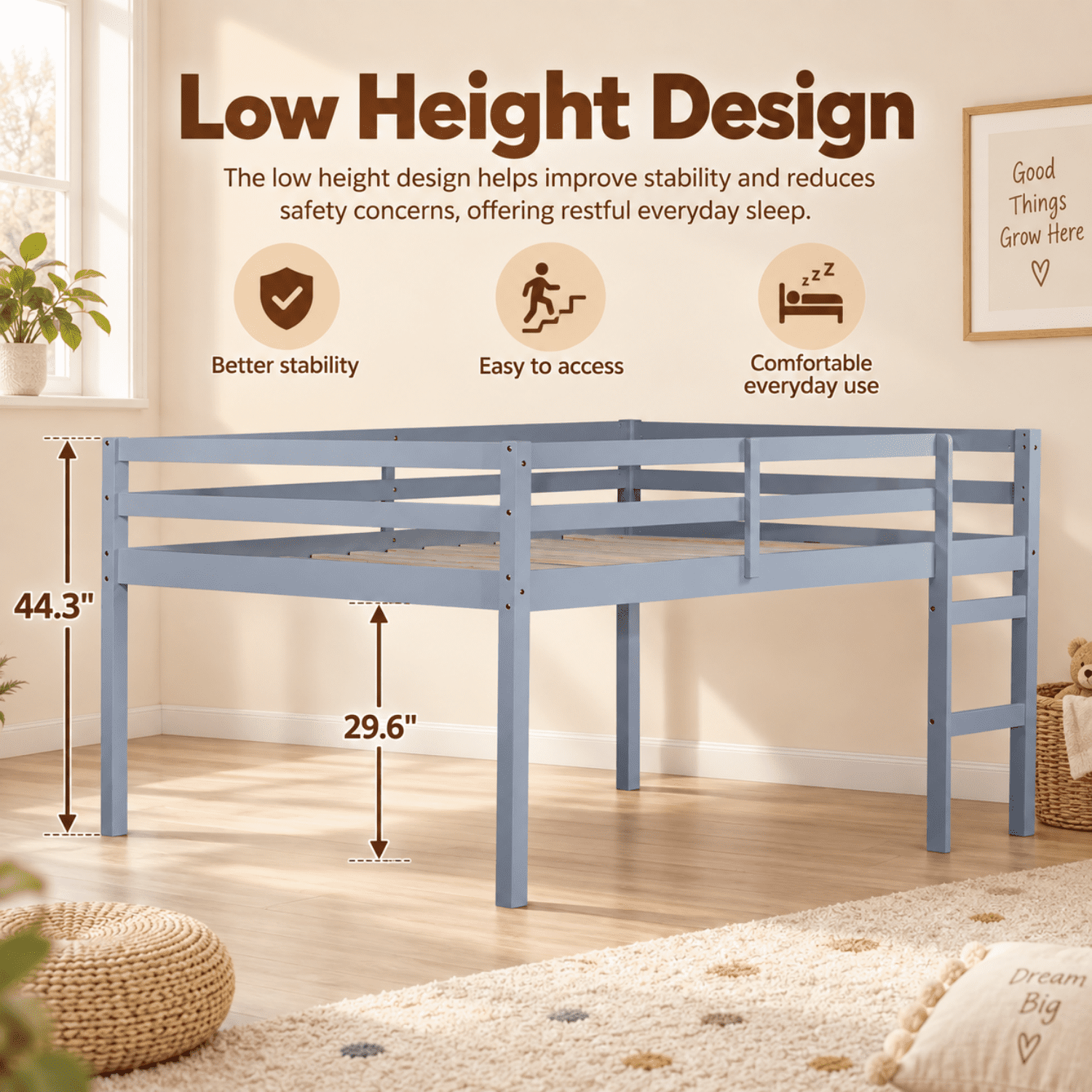 Miniyam Full Loft Bed for Kids, Solid Wood Frame with Ladder and Guardrails, Space-Saving Design, Gray