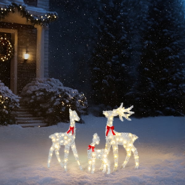 3-Pack Lighted Christmas Reindeer Family Decorations - 110 Warm White LEDs, Buck/Doe/Fawn with Red Bows, Collapsible for Indoor/Outdoor Use