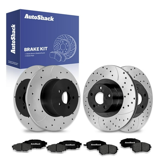 AutoShack Front Vented & Rear Solid Drilled & Slotted E-Coated Brake Rotors   Premium Ceramic Pads 12-PC Brake Kit Replacement for 2005-2009 Subaru Outback 2006-2009 Subaru Legacy ShadowGuard