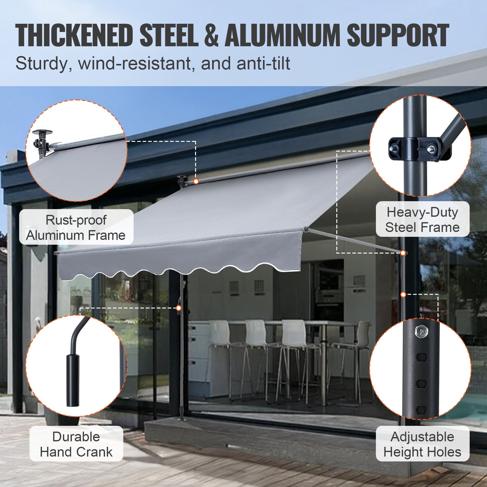 KFFKFF 118" x 47" Gray Manually Retractable Patio Awning, UV Resistant