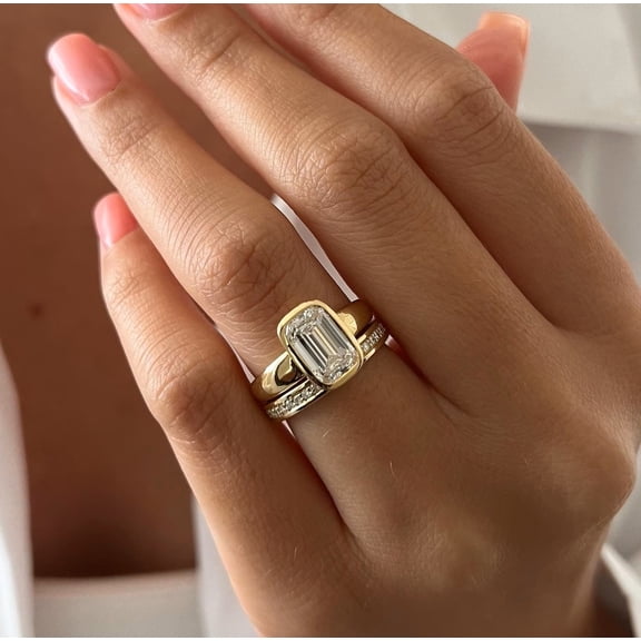 Jewelerix Emerald Cut Moissanite Engagement Ring, Bezel Set Solitaire Bridal Ring, 10K Vermeil Yellow Gold Wedding Band Set, Minimalist Anniversary Ring Set