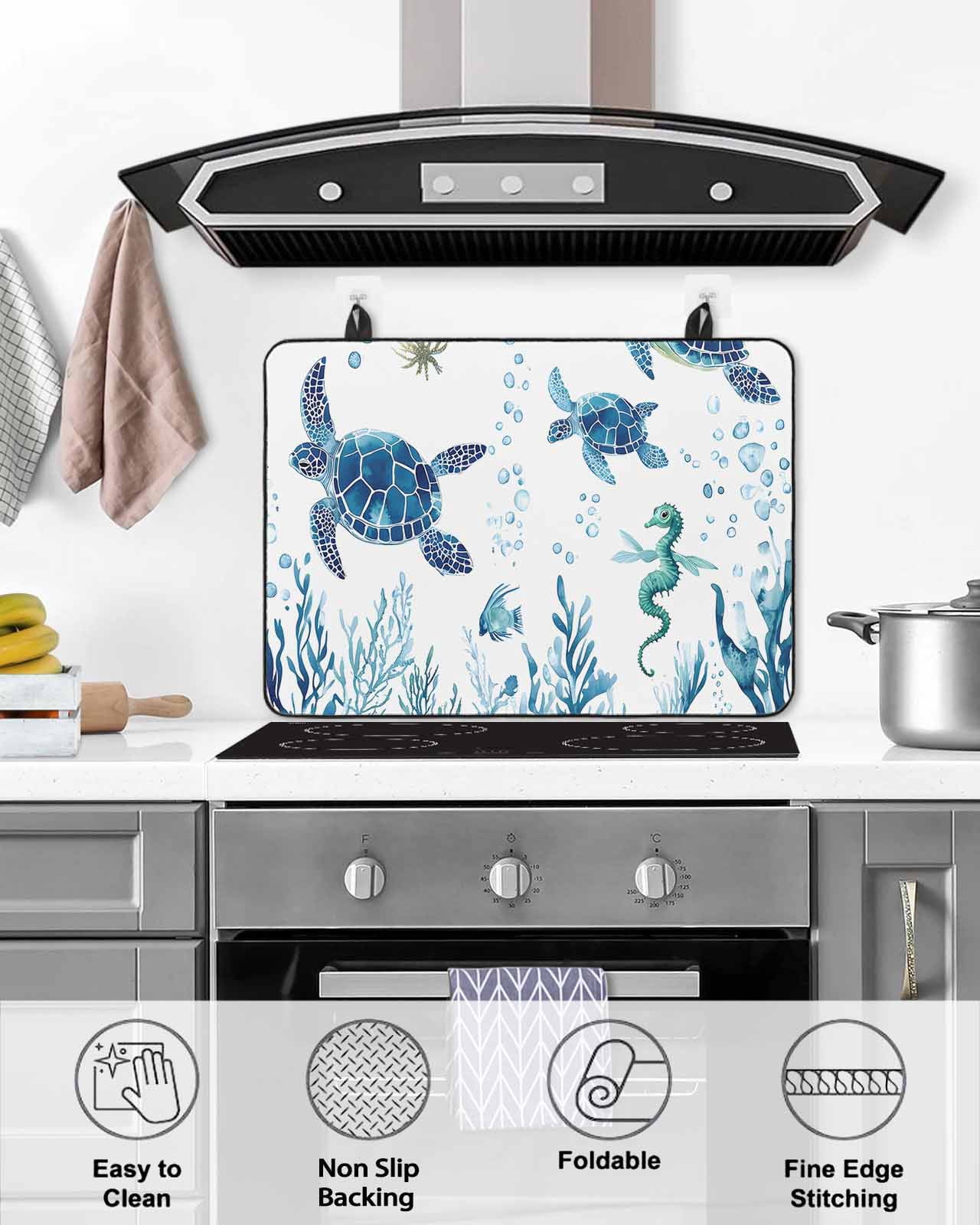 nqOlkjepod Large Induction Cooktop Protector Mat 36"x21", Blue Green Sea Turtle Stove Top Covers for Electric Stove, Summer Ocean Coral Fish Seahorse Stove Burner Cover Mats, Glass Top Stove Cover