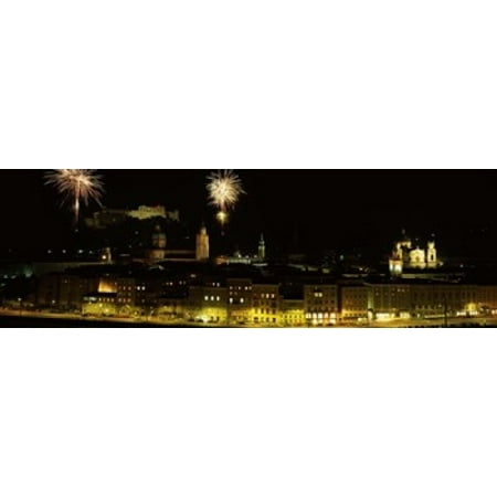 Firework display over a fort Hohensalzburg Fortress Salzburg Austria Canvas Art - Panoramic Images (18 x