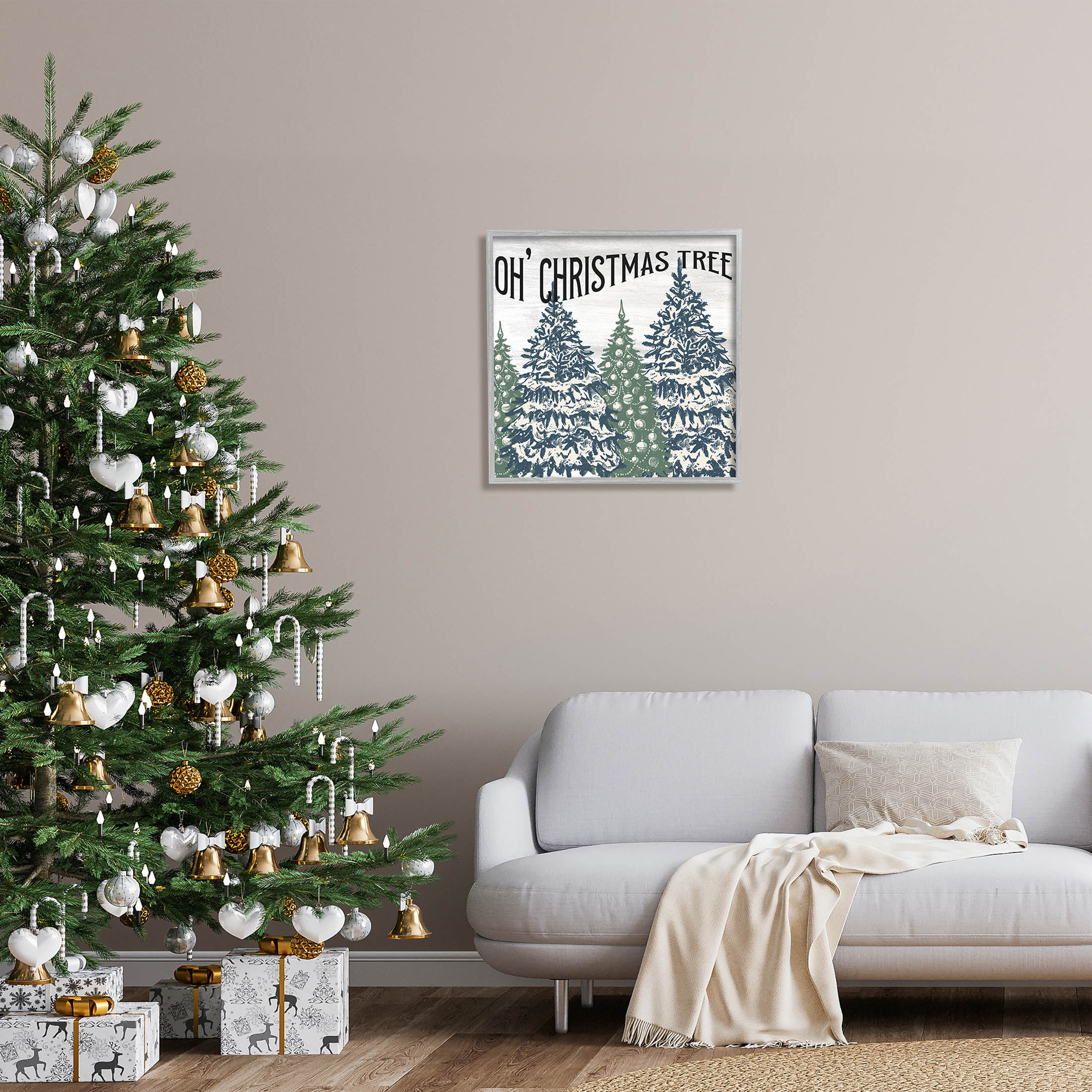 Stupell Industries Oh Christmas Tree Vintage Graphic Art Gray Framed Art Print Wall Art, Design by Kim Allen