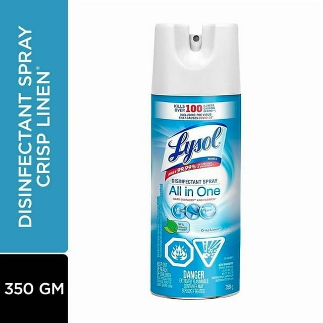 Lysol Disinfectant Spray, Crisp Linen, Disinfect and Eliminate Odours on Hard Surfaces & Fabrics, 350g
