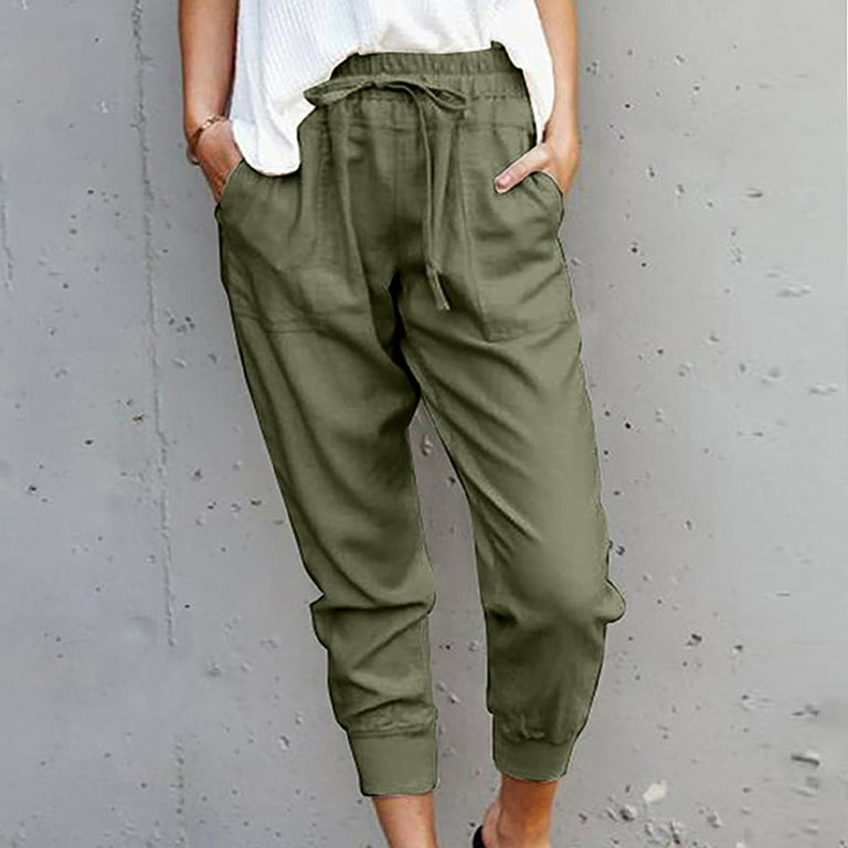 VSSSJ Women's Cropped Pants Regular Fit Drawstring Solid Color Elastic  Waist Calf-Length Pants Casual Loose Lightweight Breathable Trousers Army  Green