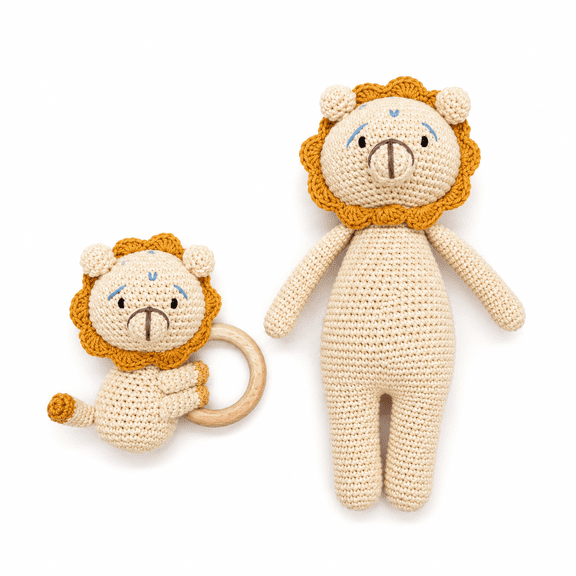 Handmade Crochet Lion Plush Figure and Ring Toy Set, Knitted Animal Character Decorative Gift Collection