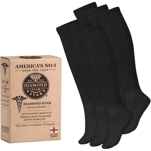 Diamond Star Diabetic Over the Calf, Non-binding Premium Cushion Cotton Knee High Comfortable Socks for Men (Black - 6 Pairs, Socks Size 13-16)