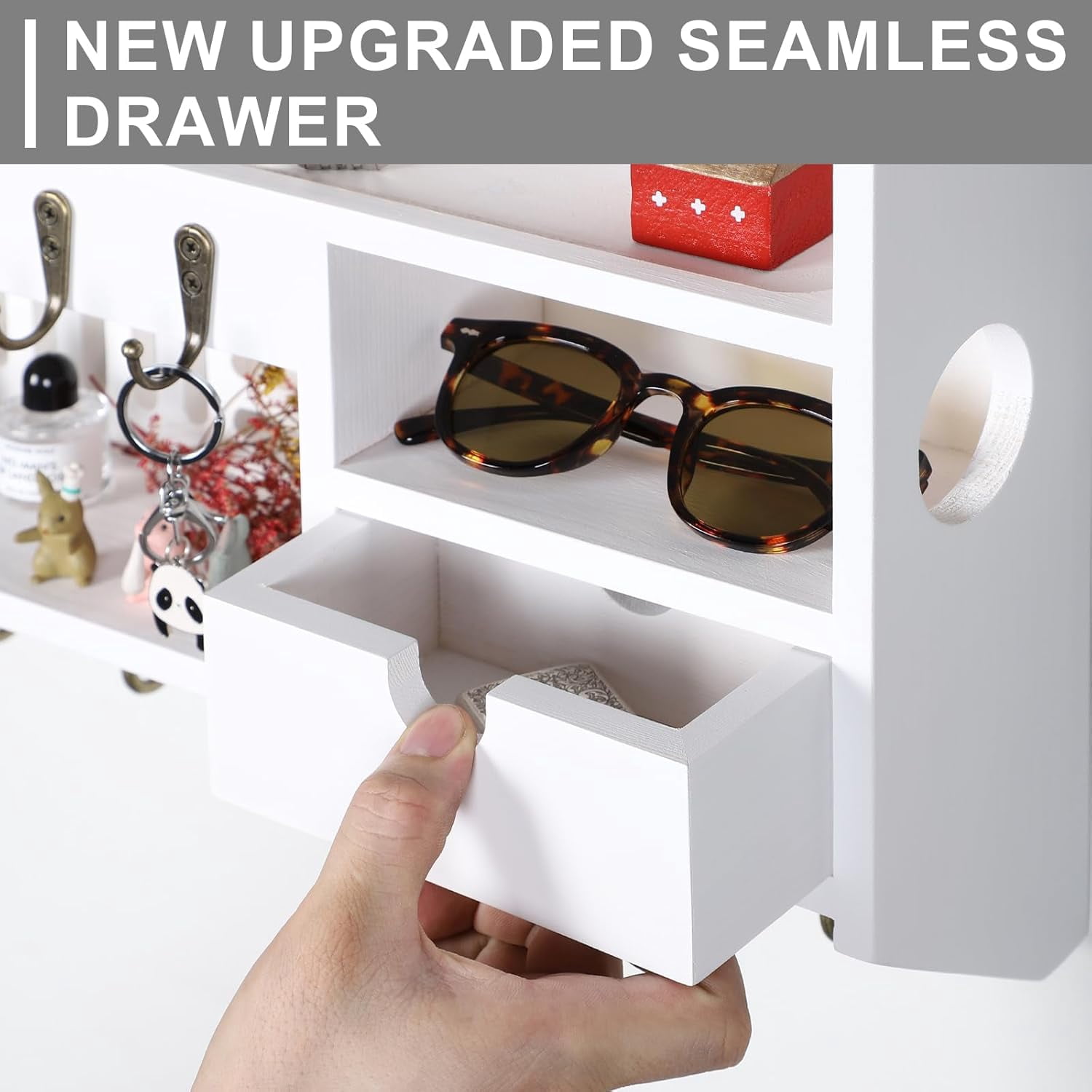 Key Holder for Wall, Mail and Key Holder, Mail Organizer Wall Mount with Storage Drawer and 10 Hooks, Easy Installation Key Holder for Home Decor, White