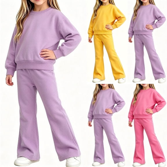 Girls 2 Piece Fall Winter Sweatsuit Long Sleeve Crewneck Pullover Sweatshirt and Loose Flared Sweatpants Tracksuit Set for Girls