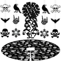 Fangleland Black Gothic Christmas Tree Decorations with Scary Skull Christmas Tree Skirt, Large Decorative Tree Topper Bow, 12Pcs Tree Hanging Ornaments for Winter Halloween Xmas Tree Decor