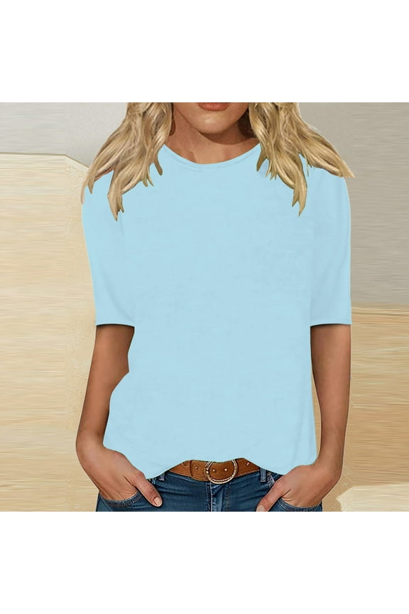 Miqool Women's Elbow-Length Sleeve Summer Tops Dressy Casual Crewneck Tunic Tops Solid Color T Shirts Blouses 2025 Trendy Basic Tees