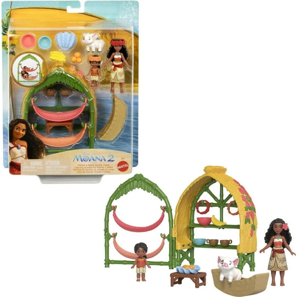 ​Jouets ​Moana 2 de Disney de Mattel, coffret de jeu Maison de village de Moana et Simea avec 2&nbsp;petites poupées, figurine Pua et 15&nbsp;accessoires Âges 3+