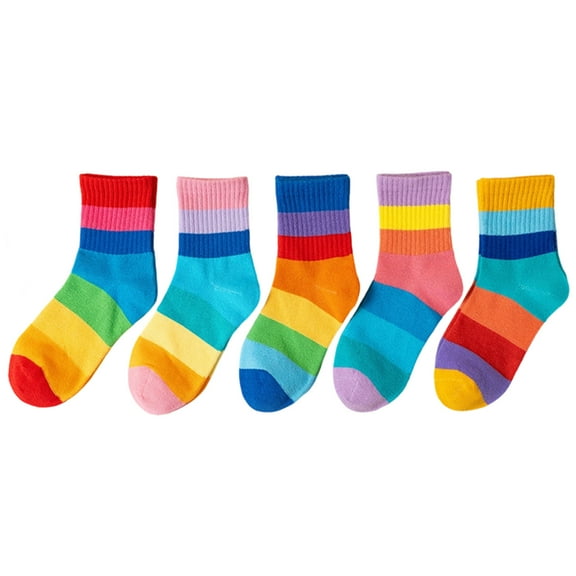5 Pair Rainbow Stripes Cotton Socks for 3-12T Kids Soft and Breathable Middle Tube Socks for Casual School Wear
