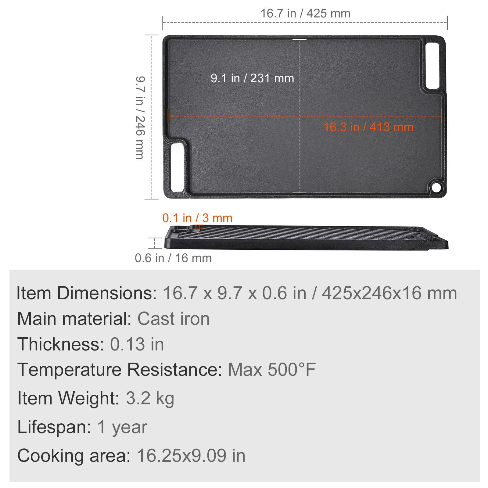 3.3mm Thick Cast Iron Griddle with Non-Stick Surface, Pre-Seasoned, Double-Sided, for Gas Stove Oven Campfire