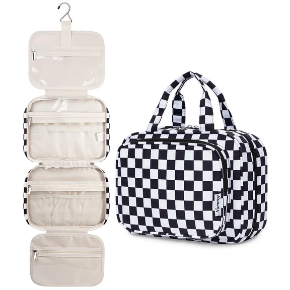 Narwey Hanging Toiletry Bag for Women Travel Makeup Bag Organizer Toiletries Bag for Travel Size Essentials Accessories Cosmetics Black Checkerboard