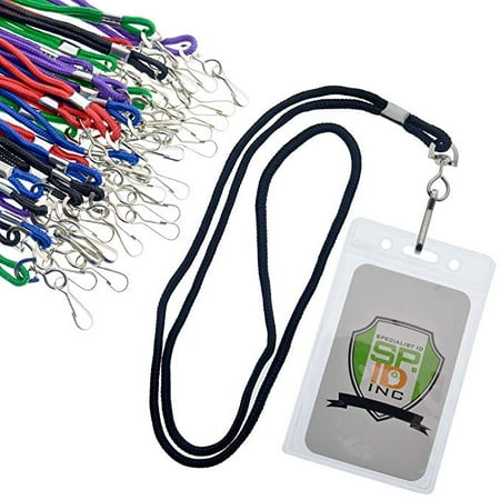 Inkjet Badge Holder Kit - 25 Pack Vertical ID Name Badge Holders with Lanyards (Business Card Size) by Specialist ID (Assorted Colors)