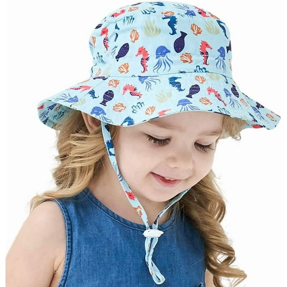 Baby Sun Hat UPF 50  Wide Brim Bucket Hat - Adjustable Infant Toddler Sun Protection for Beach & Outdoor (Printed Blue,0-8 Months)