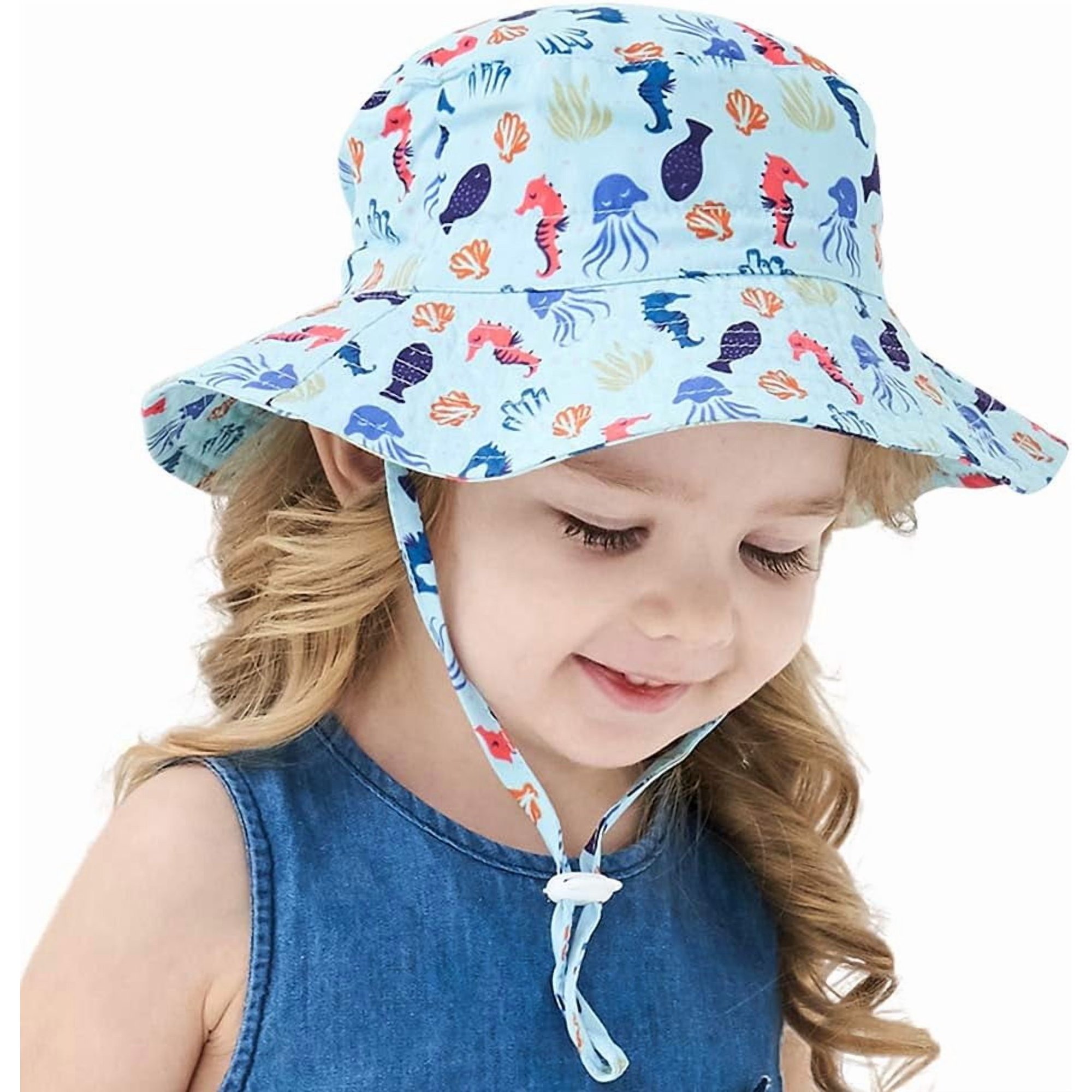Baby Sun Hat UPF 50+ Wide Brim Bucket Hat - Adjustable Infant Toddler Sun Protection for Beach & Outdoor (Printed Blue,0-8 Months)