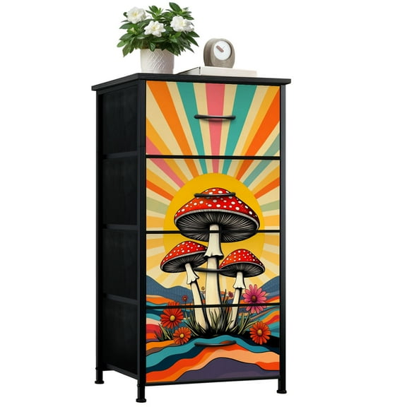 Dresser for Bedroom with 4 Storage Drawers Vibrant Retro Mushroom Landscape Colorful Flowers Sunburst Dressers Chest of Drawers Steel Framed Fabric Closet Organizers for Entryway
