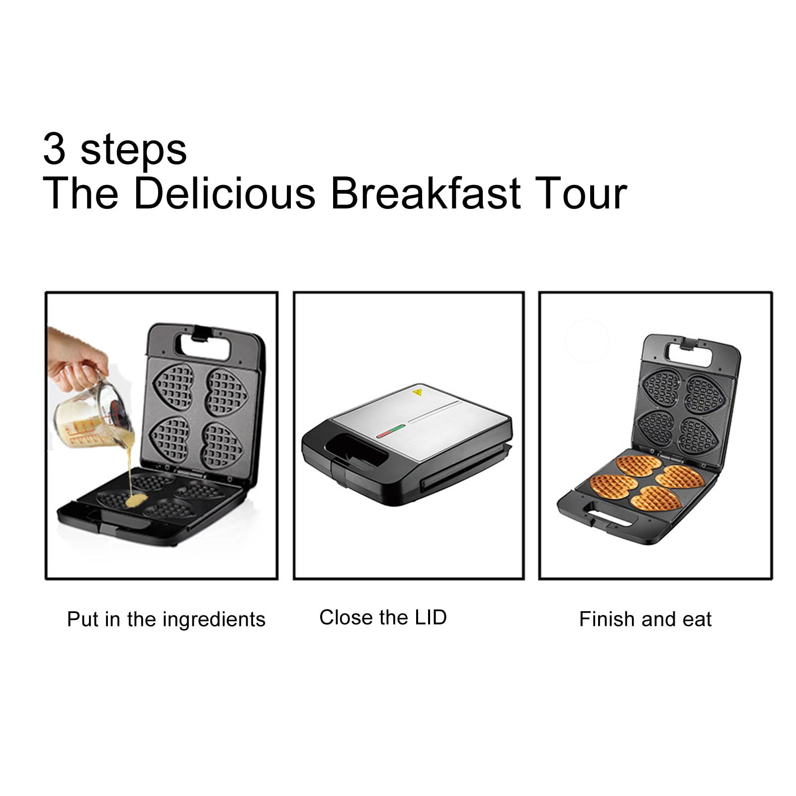 YAHHU Heart Shaped Waffle Maker 1400W High Power Nonstick Electric Belgian Waffle Machine Makes 4 Heart Waffles for Home Breakfast 13.7x11.4x5.1 inches / 35x29x13 cm EU Plug 220V